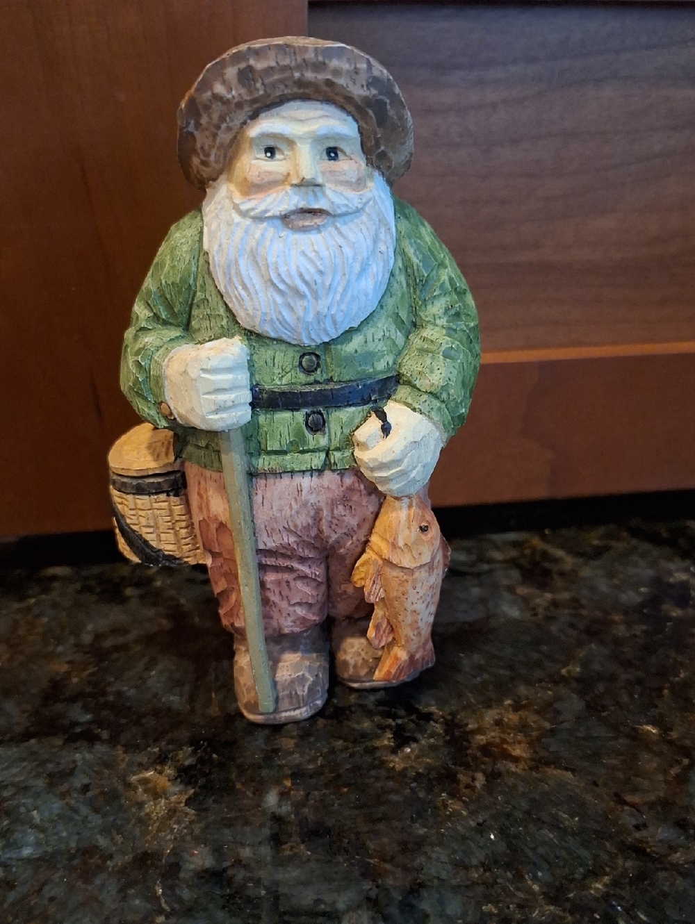 Hand-Painted, Heavy Resin Santa Fisherman  Figurine in Green and Brown